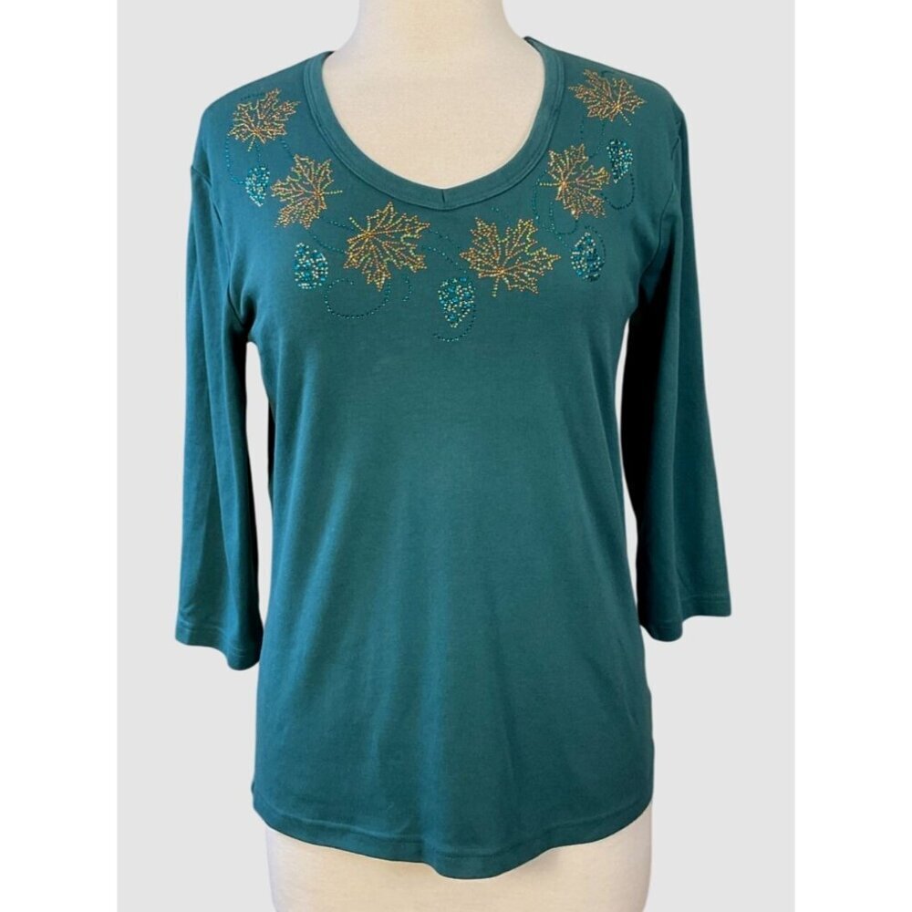 Teal Green Embellished Leaf Pattern 3/4 Sleeve Top Trilogy By Morning Sun M